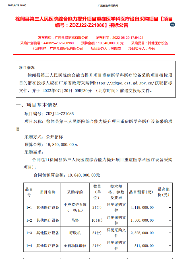 徐聞縣第三人民醫(yī)院綜合能力提升項目重癥醫(yī)學科醫(yī)療設(shè)備采購項目【項目 編號：ZDZJ22-Z21086】招標公告(圖1)